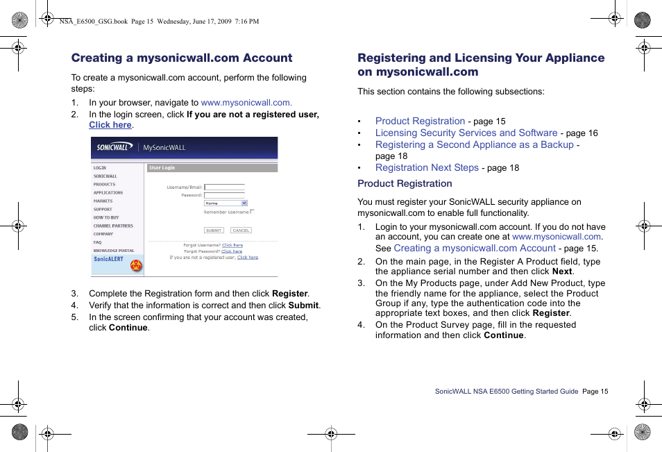 Creating a mysonicwall.com account, Product registration | SonicWALL EClass NSA E6500 User Manual | Page 16 / 78