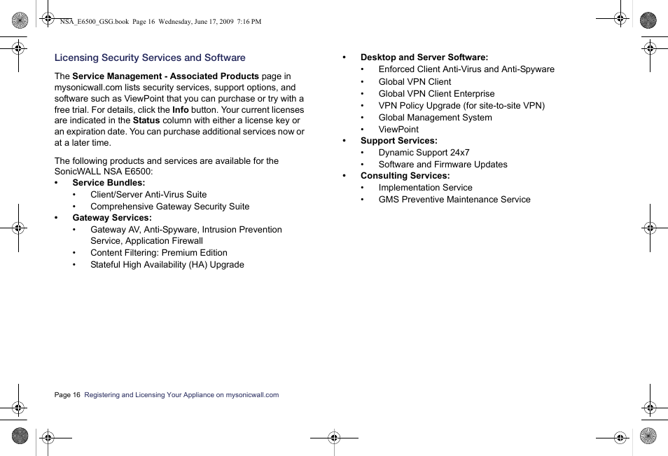 Licensing security services and software | SonicWALL EClass NSA E6500 User Manual | Page 17 / 78