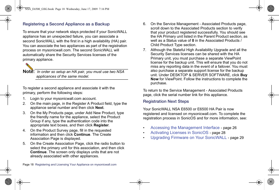 Registering a second appliance as a backup, Registration next steps | SonicWALL EClass NSA E6500 User Manual | Page 19 / 78