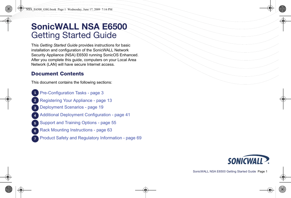 Document contents, Sonicwall nsa e6500 getting started guide | SonicWALL EClass NSA E6500 User Manual | Page 2 / 78