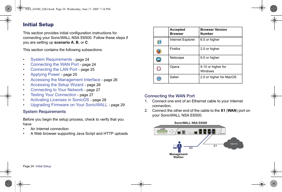 Initial setup, System requirements, Connecting the wan port | Initial, Setup, Section, If you | SonicWALL EClass NSA E6500 User Manual | Page 25 / 78