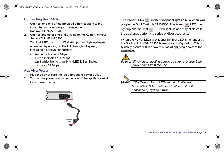 Connecting the lan port, Applying power, Alert | SonicWALL EClass NSA E6500 User Manual | Page 26 / 78