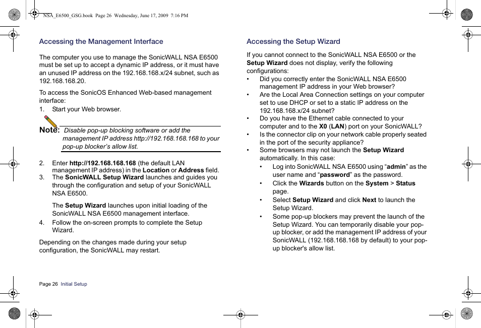 Accessing the management interface, Accessing the setup wizard, Y. see | Accessing the management, Interface | SonicWALL EClass NSA E6500 User Manual | Page 27 / 78
