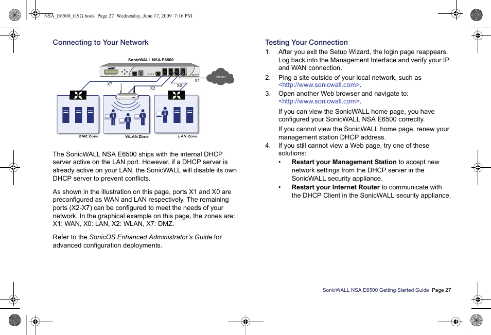 Connecting to your network, Testing your connection | SonicWALL EClass NSA E6500 User Manual | Page 28 / 78