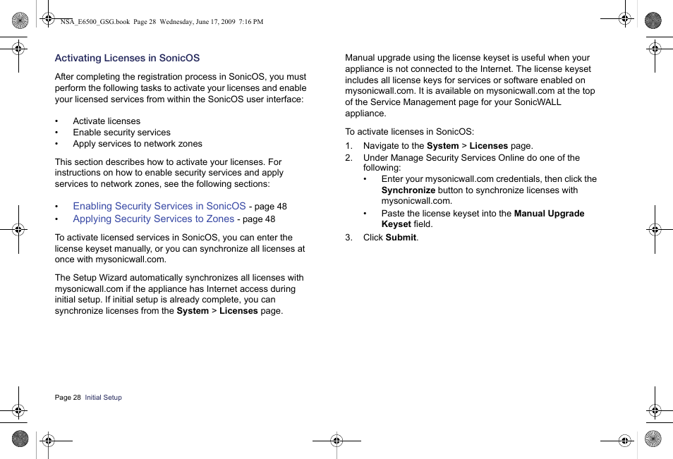 Activating licenses in sonicos | SonicWALL EClass NSA E6500 User Manual | Page 29 / 78