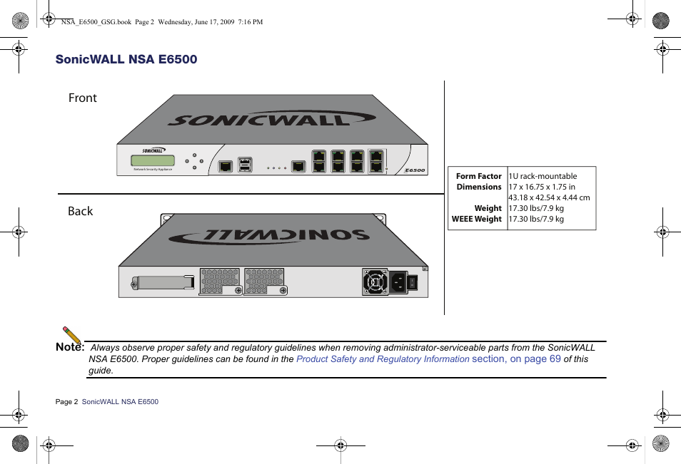 Sonicwall nsa e6500, Front back | SonicWALL EClass NSA E6500 User Manual | Page 3 / 78