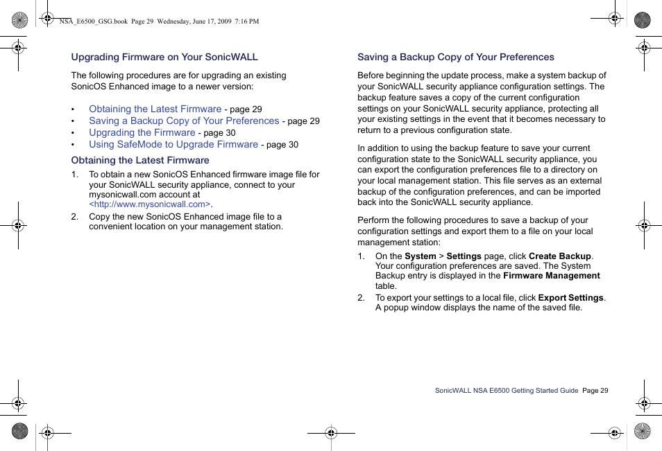 Upgrading firmware on your sonicwall, Obtaining the latest firmware, Saving a backup copy of your preferences | SonicWALL EClass NSA E6500 User Manual | Page 30 / 78