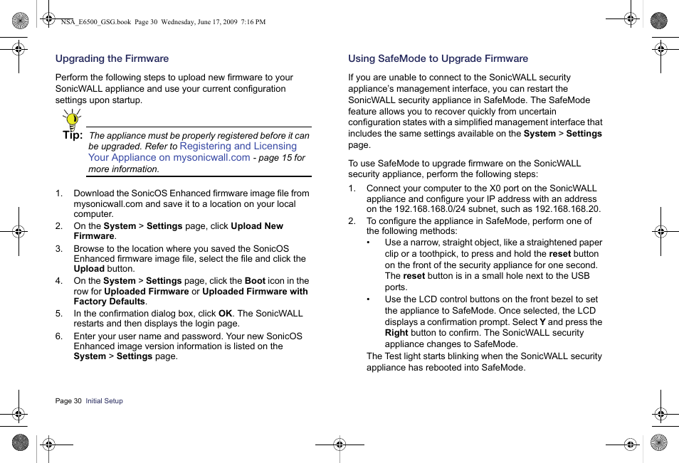 Upgrading the firmware, Using safemode to upgrade firmware | SonicWALL EClass NSA E6500 User Manual | Page 31 / 78