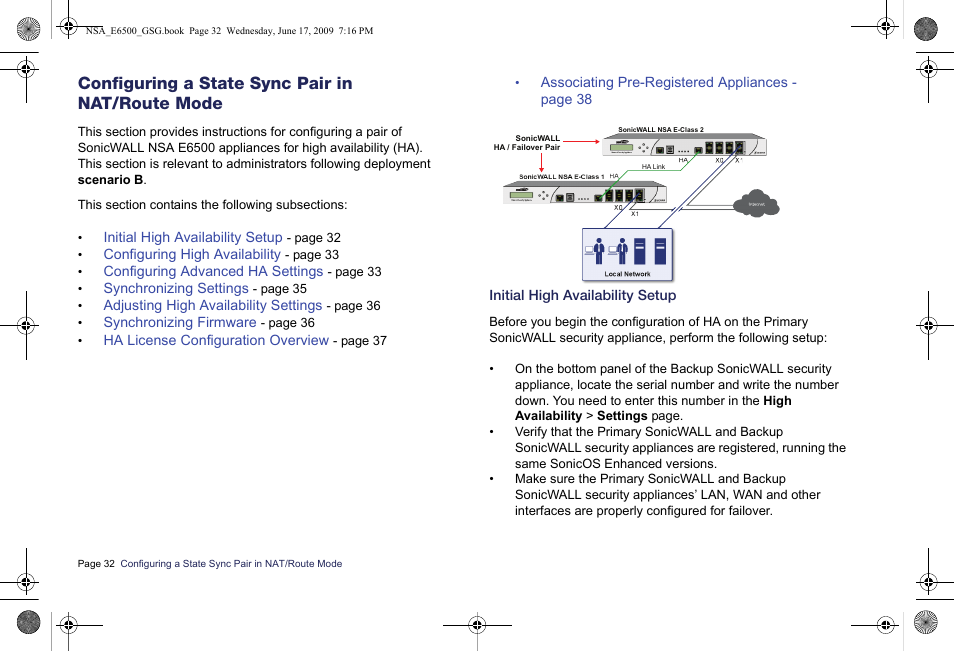 Configuring a state sync pair in nat/route mode, Initial high availability setup, Configuring a state sync pair in nat/route | Mode | SonicWALL EClass NSA E6500 User Manual | Page 33 / 78