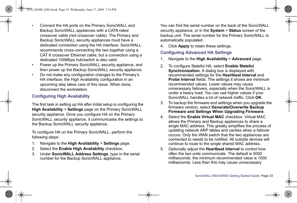 Configuring high availability, Configuring advanced ha settings | SonicWALL EClass NSA E6500 User Manual | Page 34 / 78