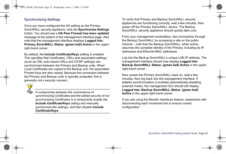 Synchronizing settings | SonicWALL EClass NSA E6500 User Manual | Page 36 / 78