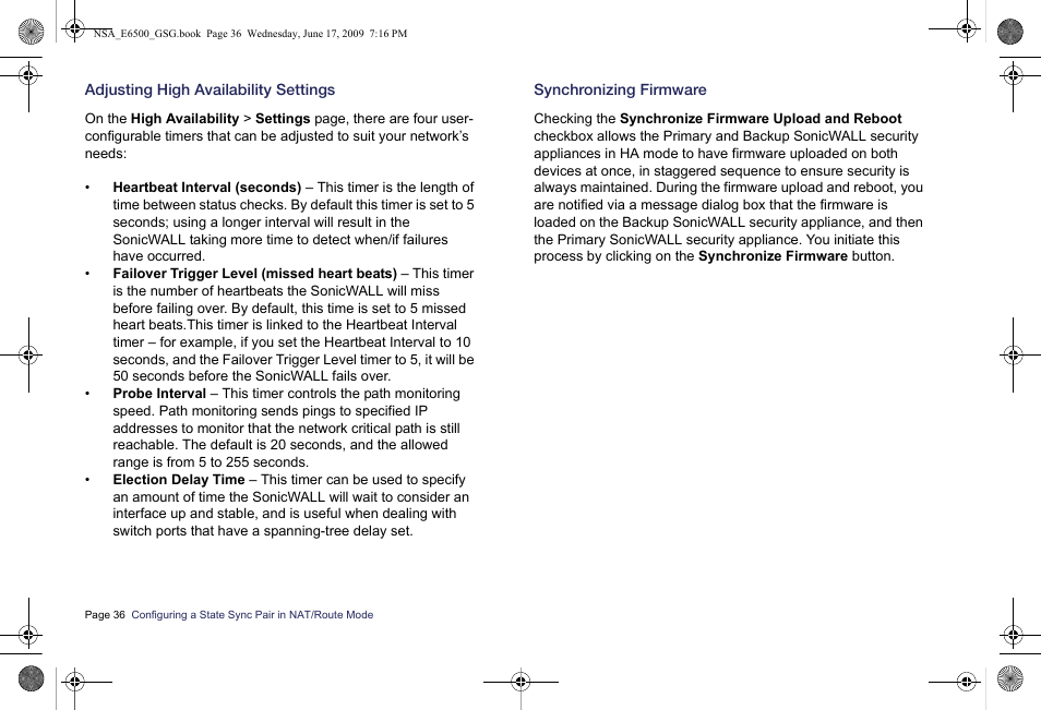 Adjusting high availability settings, Synchronizing firmware | SonicWALL EClass NSA E6500 User Manual | Page 37 / 78