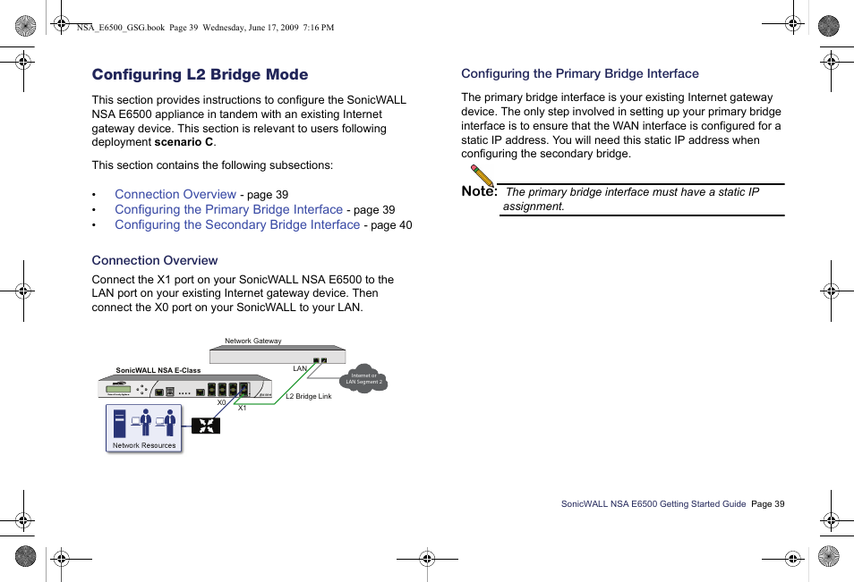 Configuring l2 bridge mode, Connection overview, Configuring the primary bridge interface | SonicWALL EClass NSA E6500 User Manual | Page 40 / 78