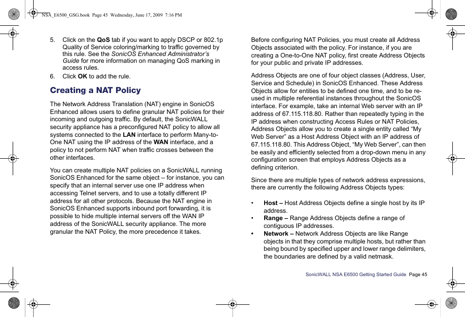 Creating a nat policy | SonicWALL EClass NSA E6500 User Manual | Page 46 / 78