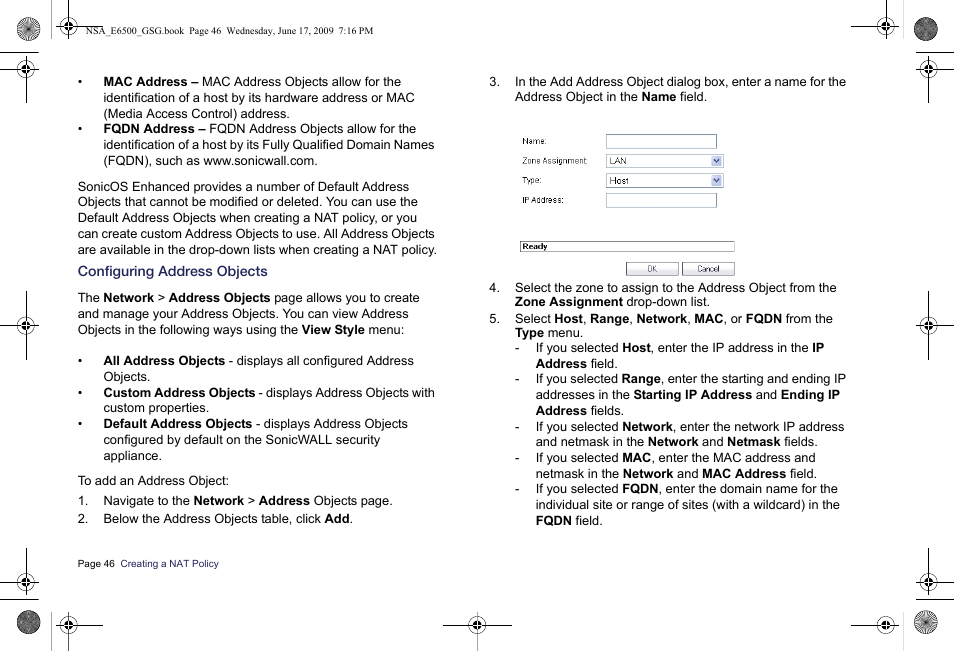 Configuring address objects | SonicWALL EClass NSA E6500 User Manual | Page 47 / 78
