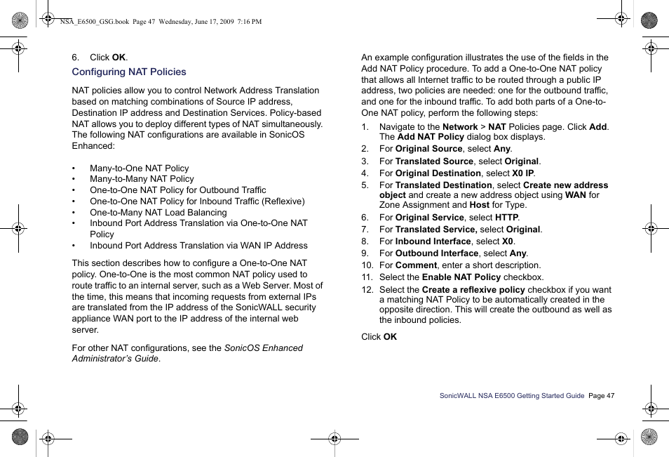 Configuring nat policies | SonicWALL EClass NSA E6500 User Manual | Page 48 / 78