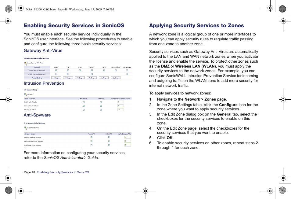 Enabling security services in sonicos, Gateway anti-virus, Intrusion prevention | Anti-spyware, Applying security services to zones | SonicWALL EClass NSA E6500 User Manual | Page 49 / 78
