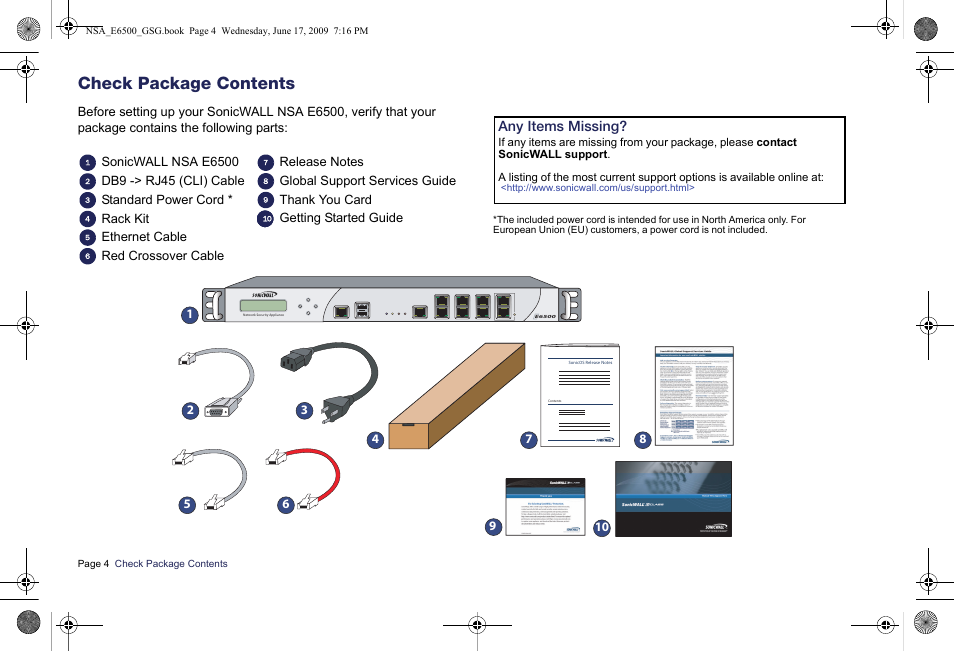 Check package contents, Any items missing | SonicWALL EClass NSA E6500 User Manual | Page 5 / 78