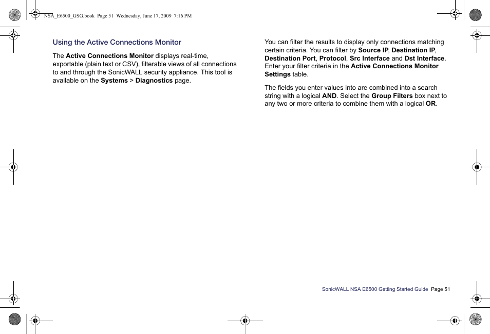 Using the active connections monitor | SonicWALL EClass NSA E6500 User Manual | Page 52 / 78