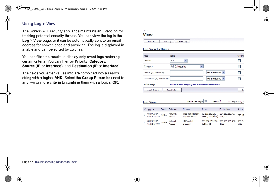 Using log > view | SonicWALL EClass NSA E6500 User Manual | Page 53 / 78
