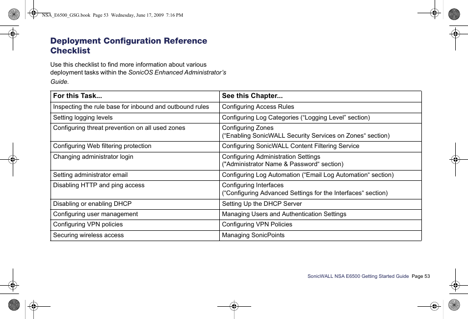 Deployment configuration reference checklist | SonicWALL EClass NSA E6500 User Manual | Page 54 / 78