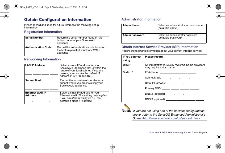 Obtain configuration information, Registration information, Networking information | Administrator information, Obtain internet service provider (isp) information | SonicWALL EClass NSA E6500 User Manual | Page 6 / 78