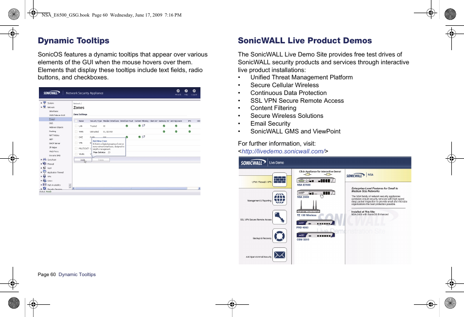 Dynamic tooltips, Sonicwall live product demos | SonicWALL EClass NSA E6500 User Manual | Page 61 / 78