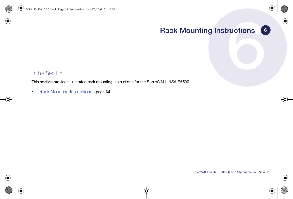 Rack mounting instructions | SonicWALL EClass NSA E6500 User Manual | Page 64 / 78