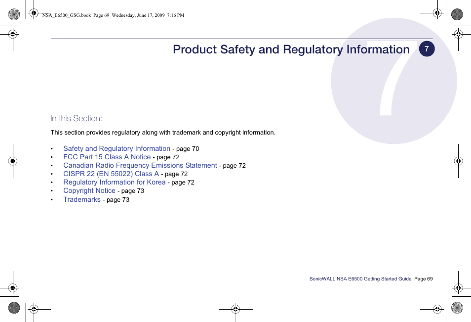 Product safety and regulatory information | SonicWALL EClass NSA E6500 User Manual | Page 70 / 78