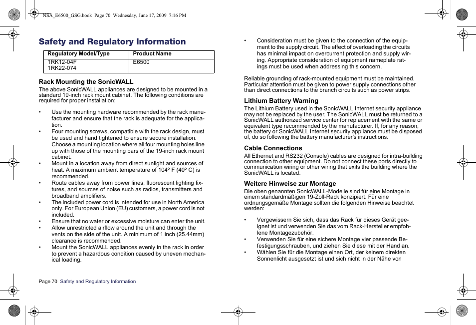 Safety and regulatory information | SonicWALL EClass NSA E6500 User Manual | Page 71 / 78