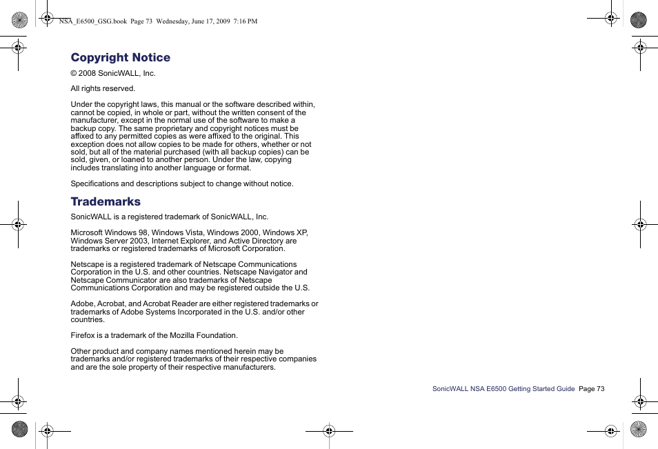 Copyright notice, Trademarks | SonicWALL EClass NSA E6500 User Manual | Page 74 / 78