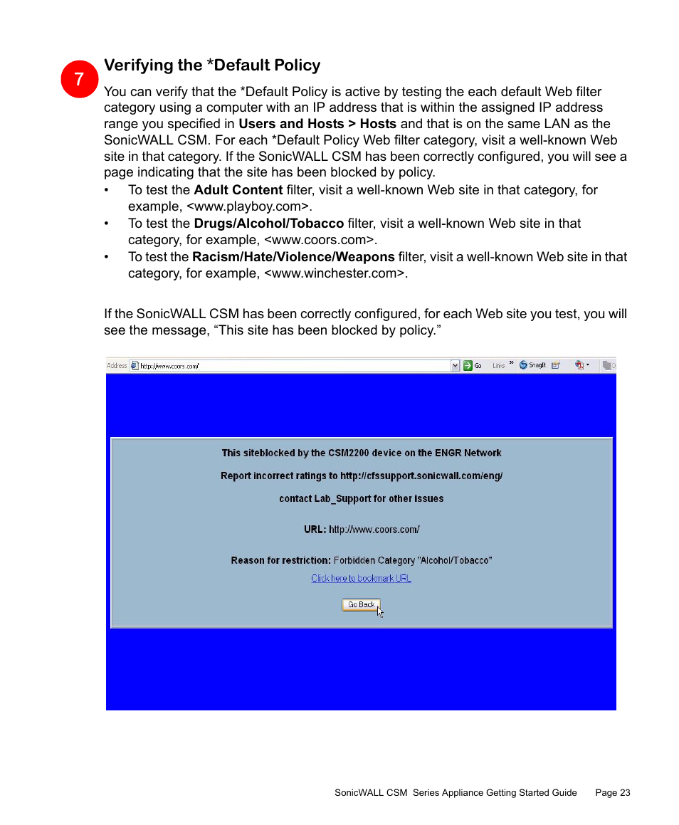 Verifying the *default policy | SonicWALL Content Security Manager 2200 User Manual | Page 24 / 44