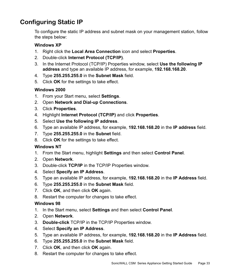 Configuring static ip | SonicWALL Content Security Manager 2200 User Manual | Page 34 / 44