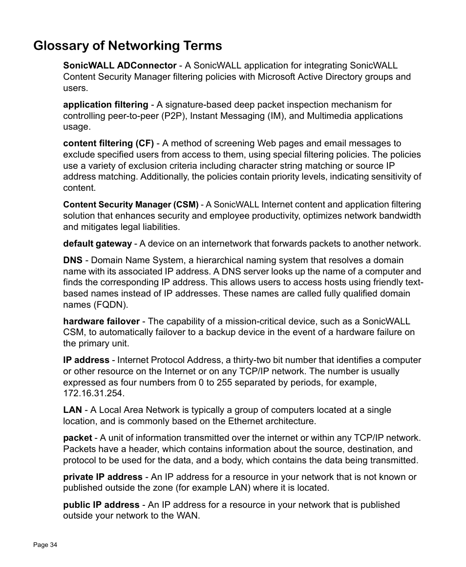 Glossary of networking terms | SonicWALL Content Security Manager 2200 User Manual | Page 35 / 44