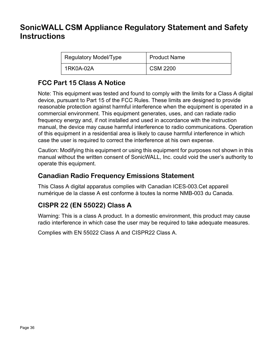Fcc part 15 class a notice, Canadian radio frequency emissions statement, Cispr 22 (en 55022) class a | SonicWALL Content Security Manager 2200 User Manual | Page 37 / 44
