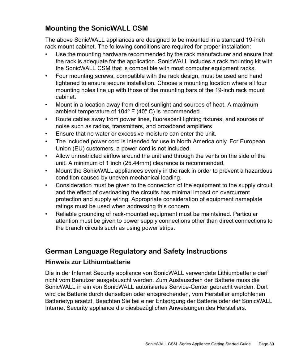 Mounting the sonicwall csm, German language regulatory and safety instructions | SonicWALL Content Security Manager 2200 User Manual | Page 40 / 44