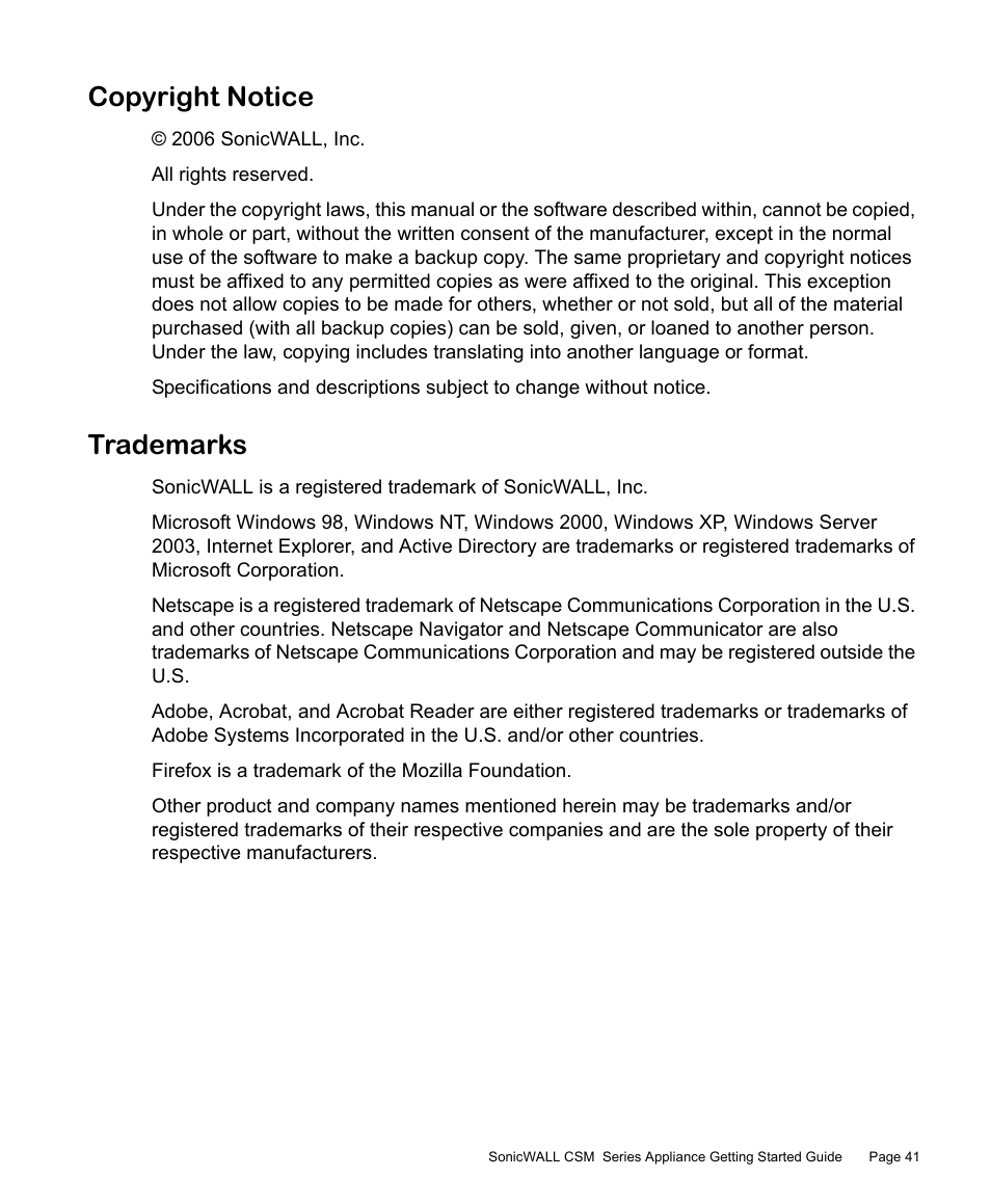 Copyright notice, Trademarks | SonicWALL Content Security Manager 2200 User Manual | Page 42 / 44