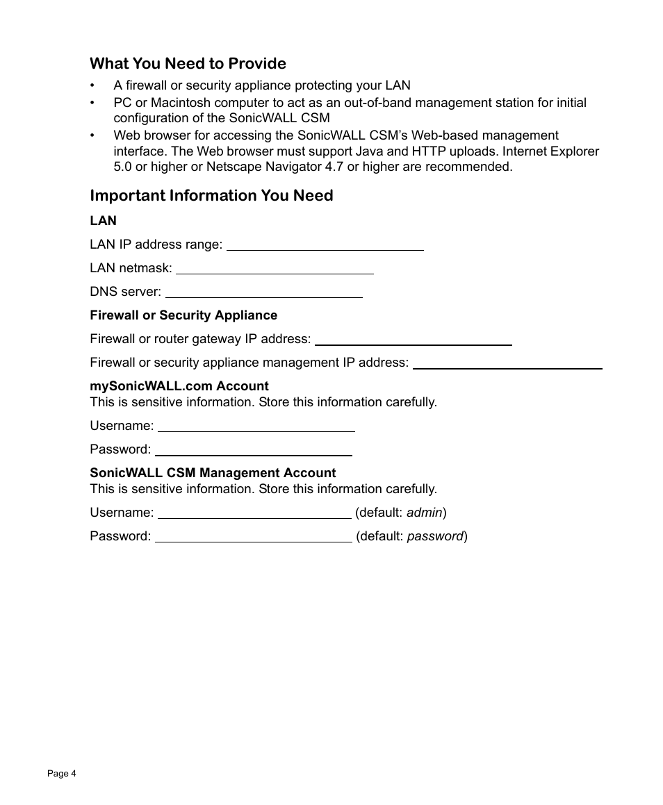 What you need to provide, Important information you need | SonicWALL Content Security Manager 2200 User Manual | Page 5 / 44