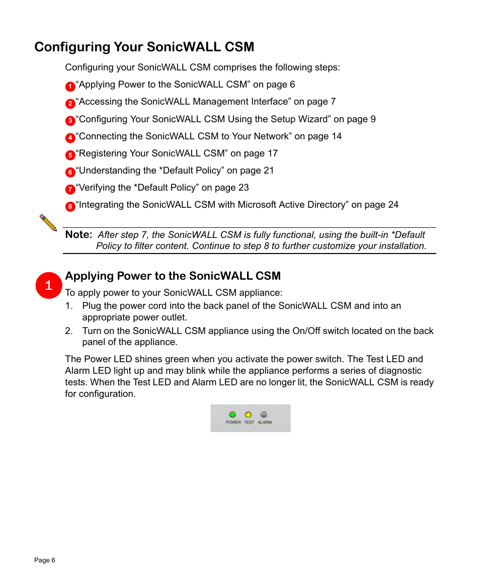 Configuring your sonicwall csm, Applying power to the sonicwall csm | SonicWALL Content Security Manager 2200 User Manual | Page 7 / 44