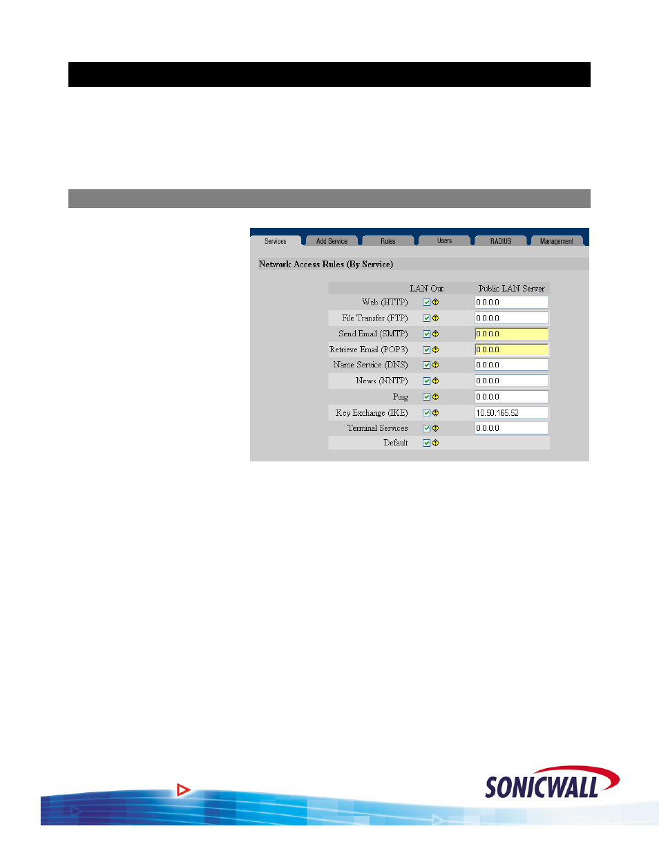 Firewall access rules, Public lan server | SonicWALL OS 2.x User Manual | Page 9 / 20
