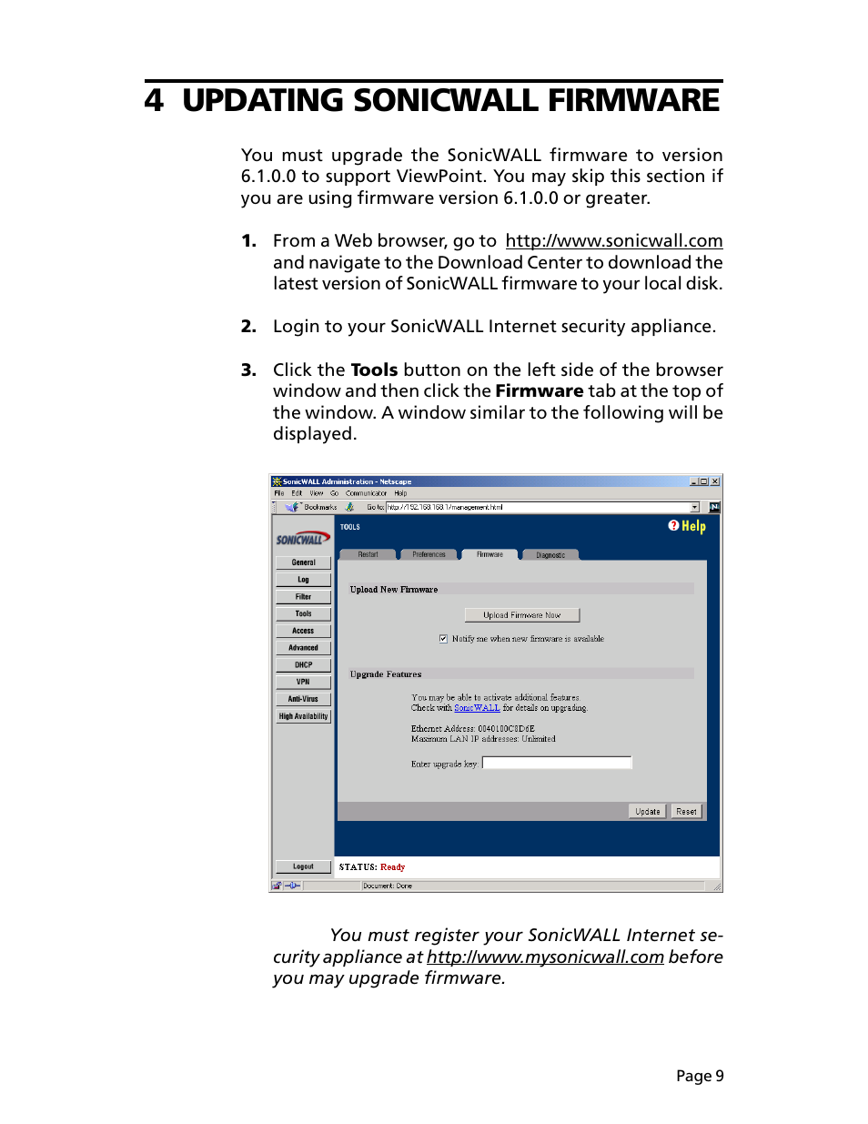 4 updating sonicwall firmware | SonicWALL ViewPoint User Manual | Page 10 / 37