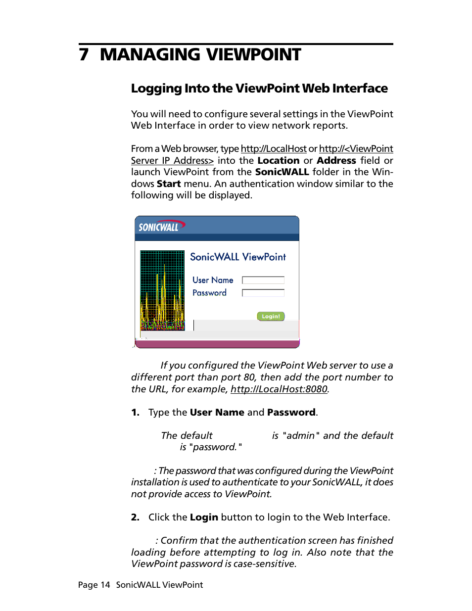 7 managing viewpoint, Logging into the viewpoint web interface | SonicWALL ViewPoint User Manual | Page 15 / 37