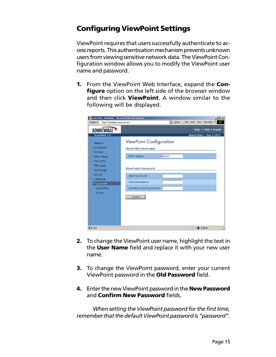 Configuring viewpoint settings | SonicWALL ViewPoint User Manual | Page 16 / 37