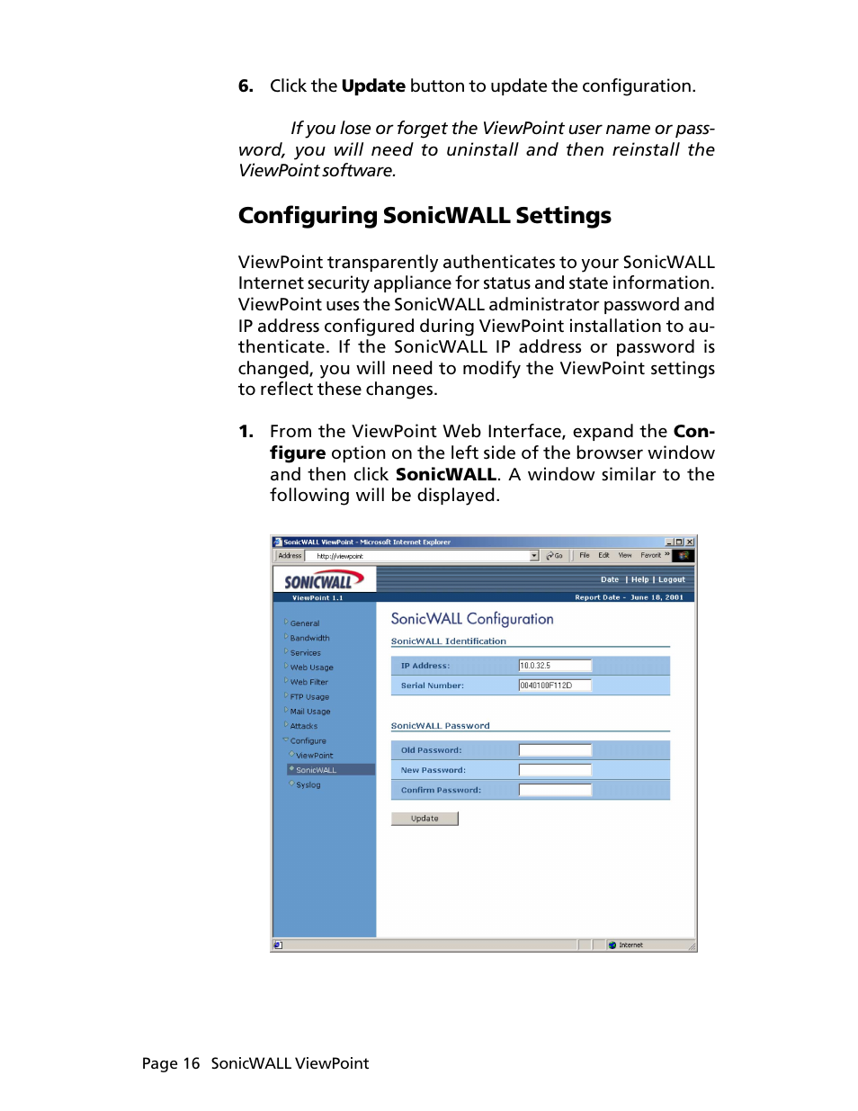 Configuring sonicwall settings | SonicWALL ViewPoint User Manual | Page 17 / 37