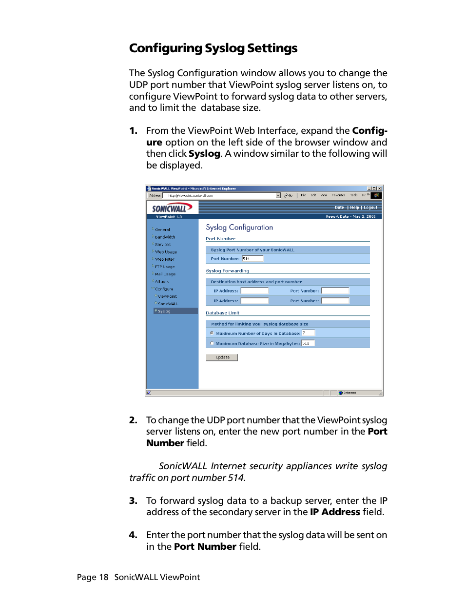 Configuring syslog settings | SonicWALL ViewPoint User Manual | Page 19 / 37
