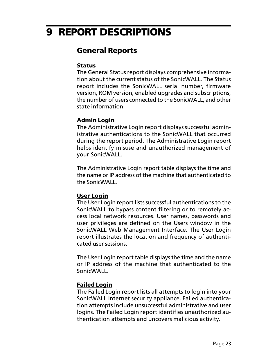 9 report descriptions, General reports | SonicWALL ViewPoint User Manual | Page 24 / 37