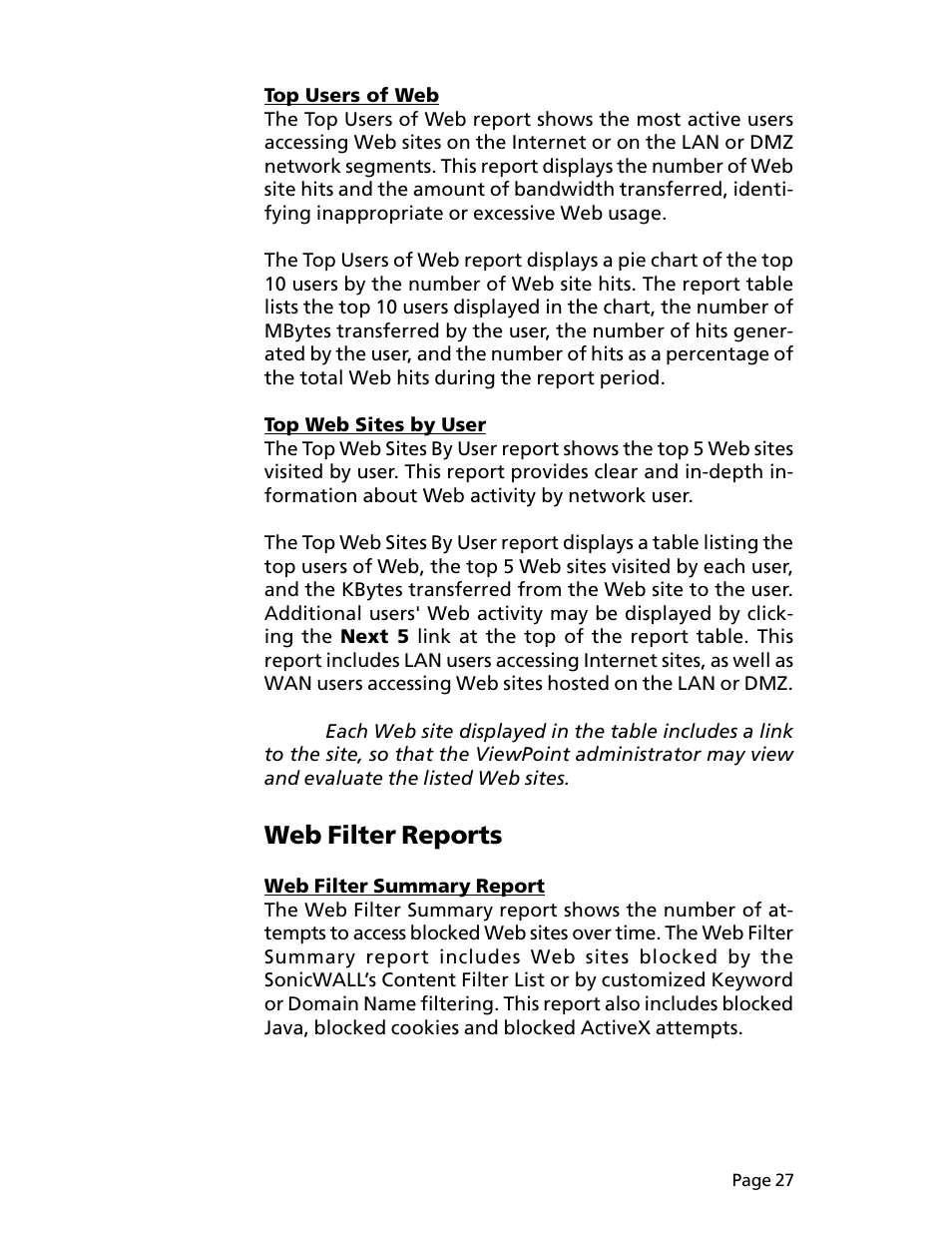 Web filter reports | SonicWALL ViewPoint User Manual | Page 28 / 37