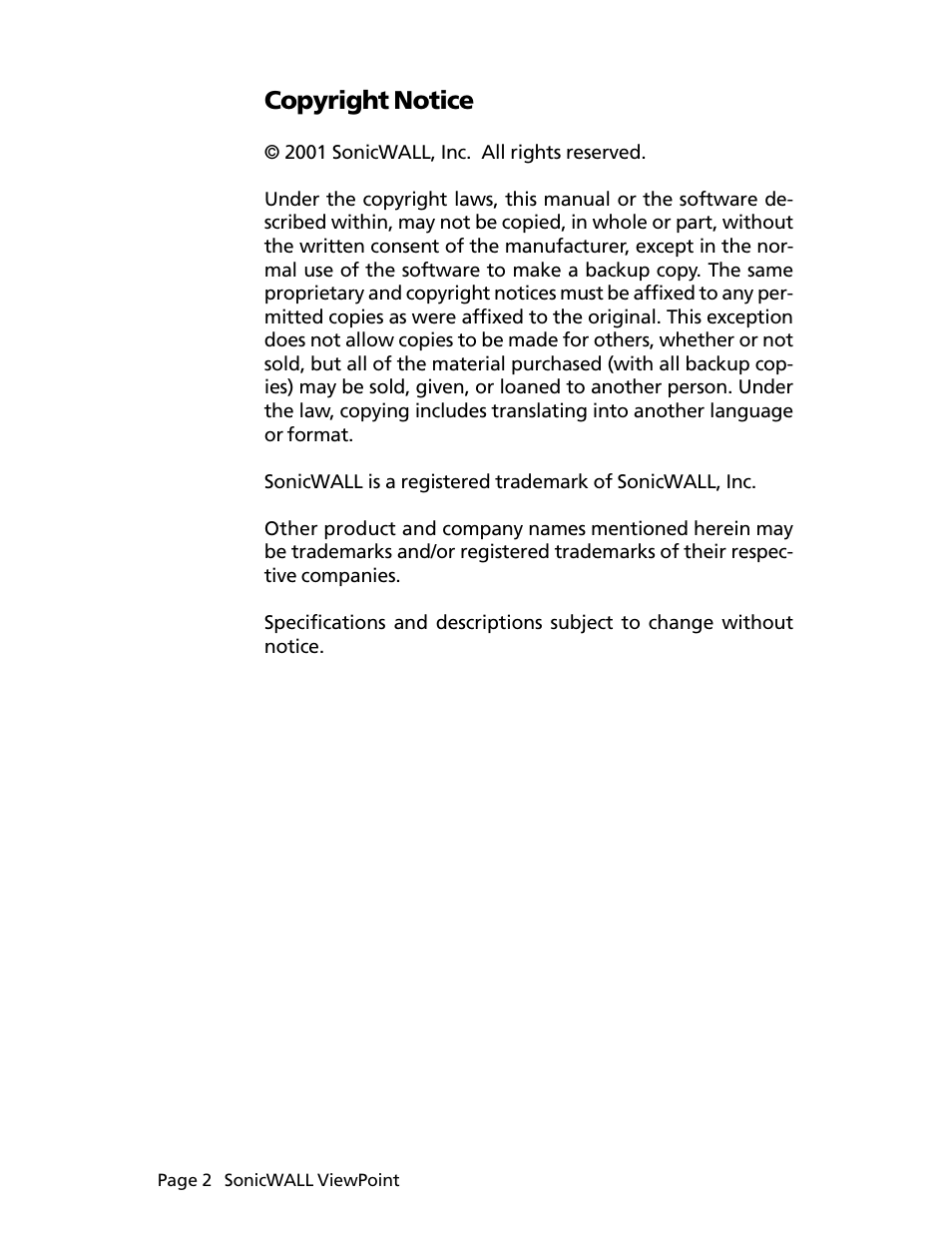 Copyright notice | SonicWALL ViewPoint User Manual | Page 3 / 37