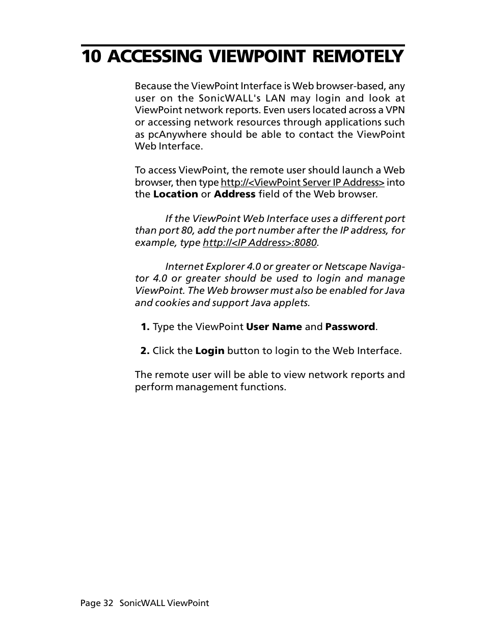 10 accessing viewpoint remotely | SonicWALL ViewPoint User Manual | Page 33 / 37