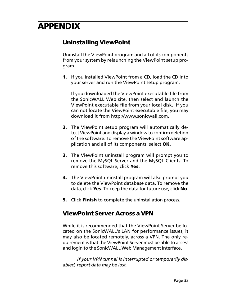 Appendix, Uninstalling viewpoint, Viewpoint server across a vpn | SonicWALL ViewPoint User Manual | Page 34 / 37
